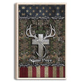 Framed hunting wall art with deer antlers, bow, camouflage forest pattern and patriotic red, white and blue accents