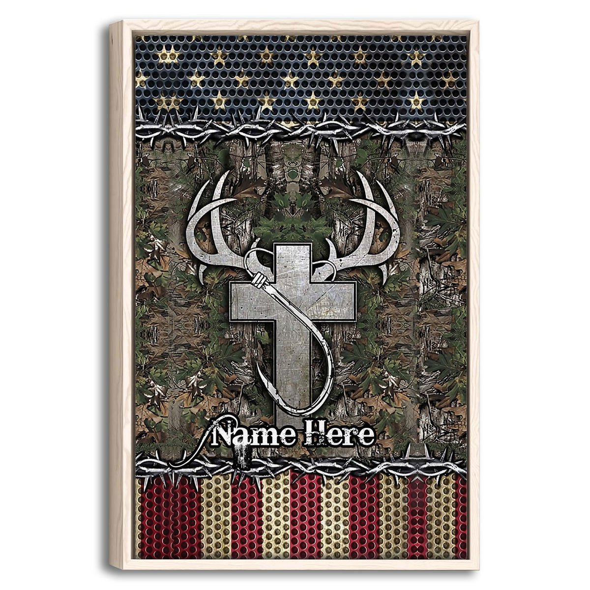 Framed hunting wall art with deer antlers, bow, camouflage forest pattern and patriotic red, white and blue accents
