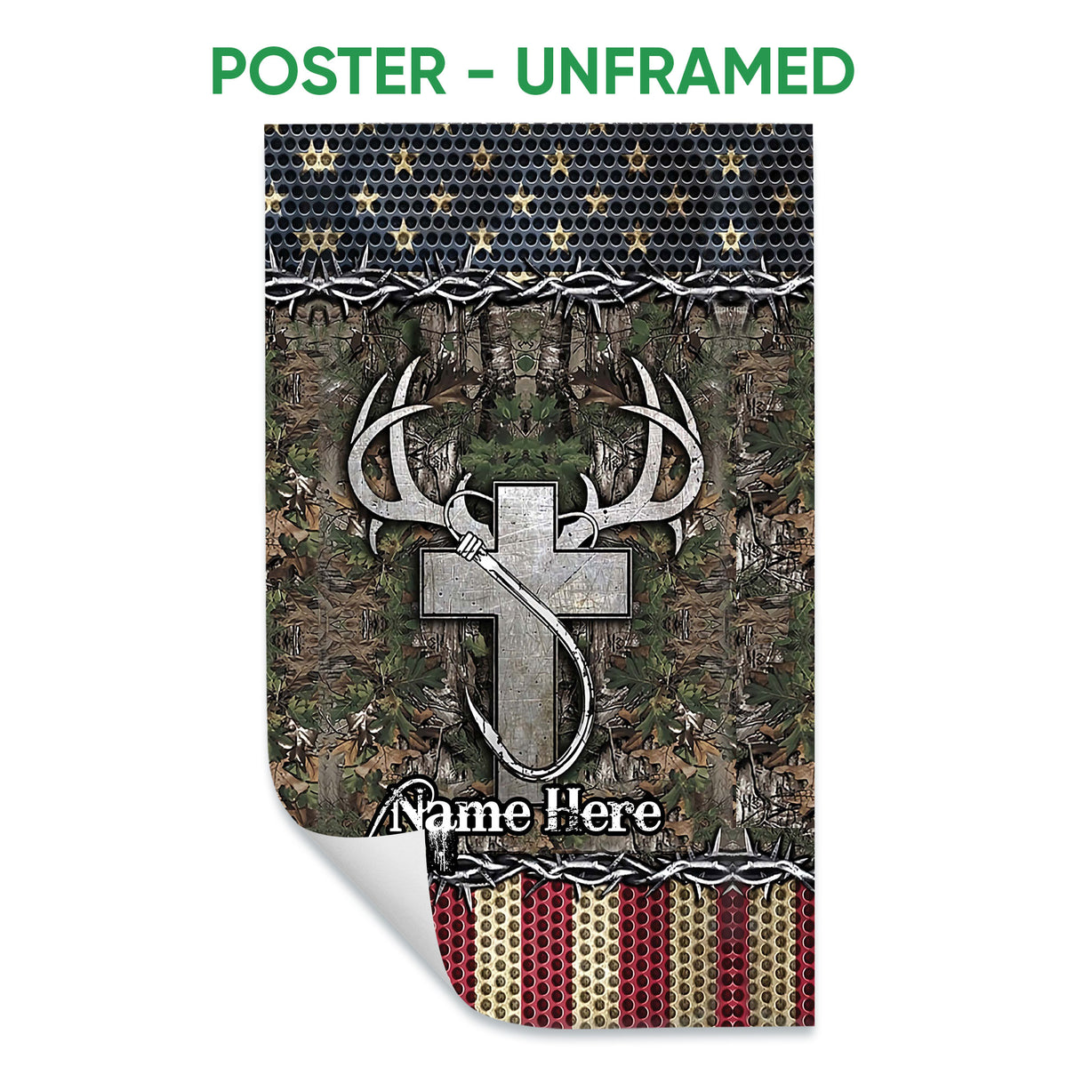 Unframed hunting poster featuring large deer antlers, bow, camouflage forest artwork and patriotic color accents