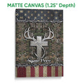 Matte canvas hunting wall art with deer antlers, bow, camouflage forest design and red, white and blue details