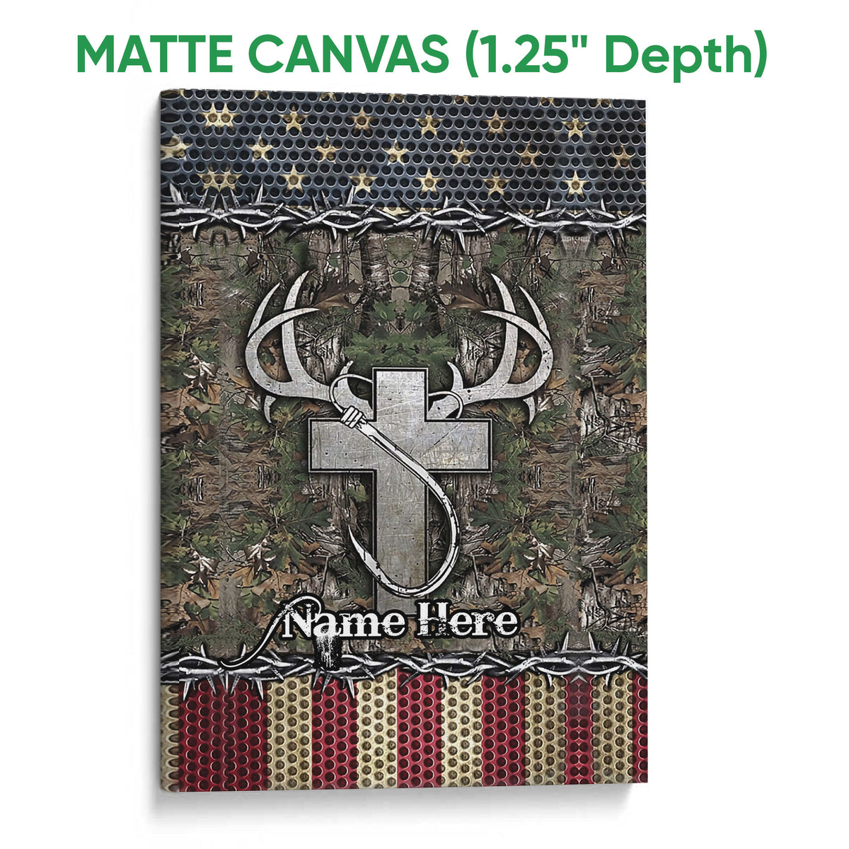 Matte canvas hunting wall art with deer antlers, bow, camouflage forest design and red, white and blue details