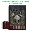 Framed hunting wall art shown with a black frame, deer antlers, bow and camouflage forest artwork