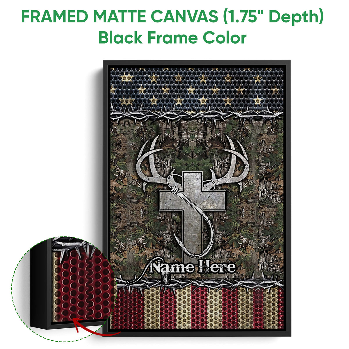 Framed hunting wall art shown with a black frame, deer antlers, bow and camouflage forest artwork