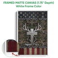 Framed hunting wall art shown with a white frame, antler and bow design over a camouflage forest background