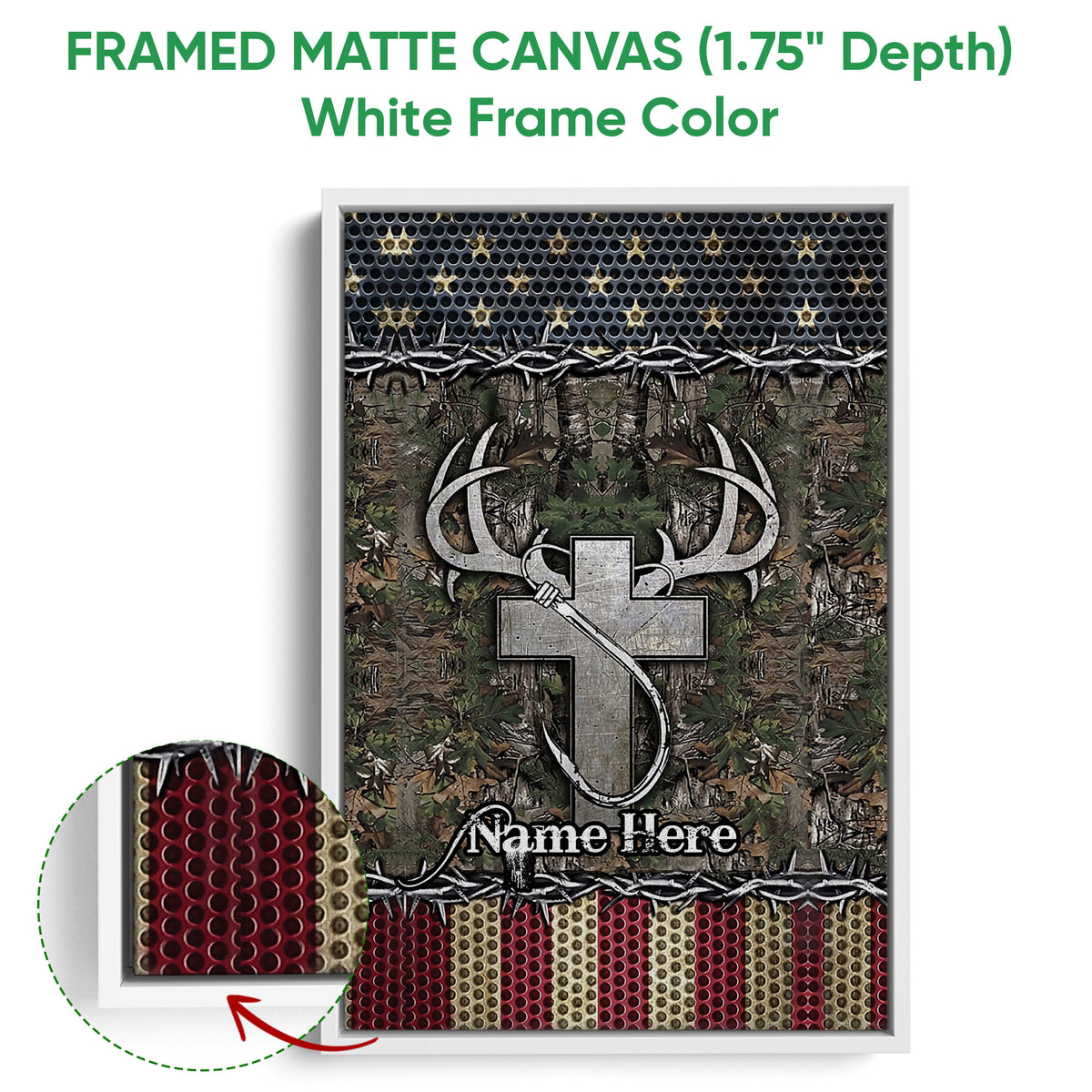 Framed hunting wall art shown with a white frame, antler and bow design over a camouflage forest background