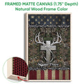 Framed hunting wall art shown with a natural wood frame, deer antlers, bow and camouflage forest pattern