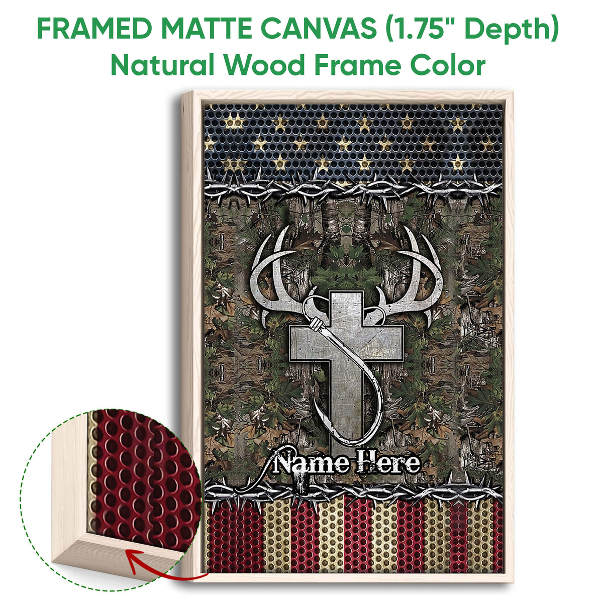 Framed hunting wall art shown with a natural wood frame, deer antlers, bow and camouflage forest pattern