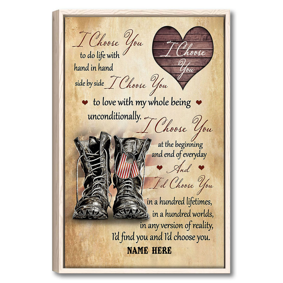 Framed veteran wall art with military-style boots, wooden heart, patriotic colors, and romantic lettering