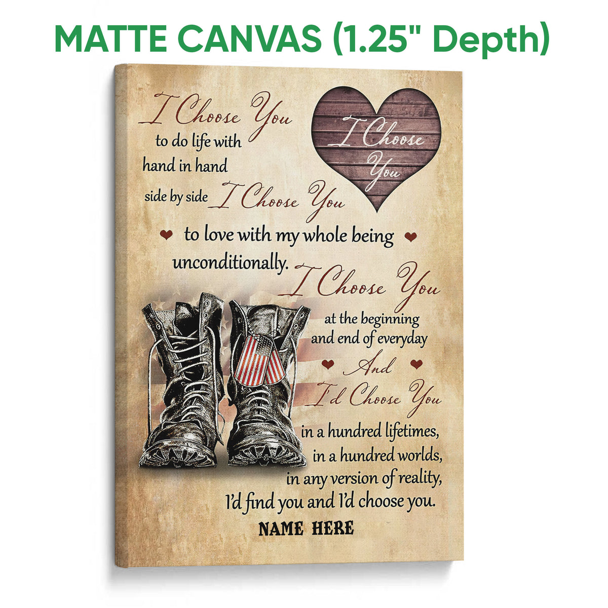 Matte canvas veteran wall art featuring military-style boots, heart imagery, and a warm vintage background