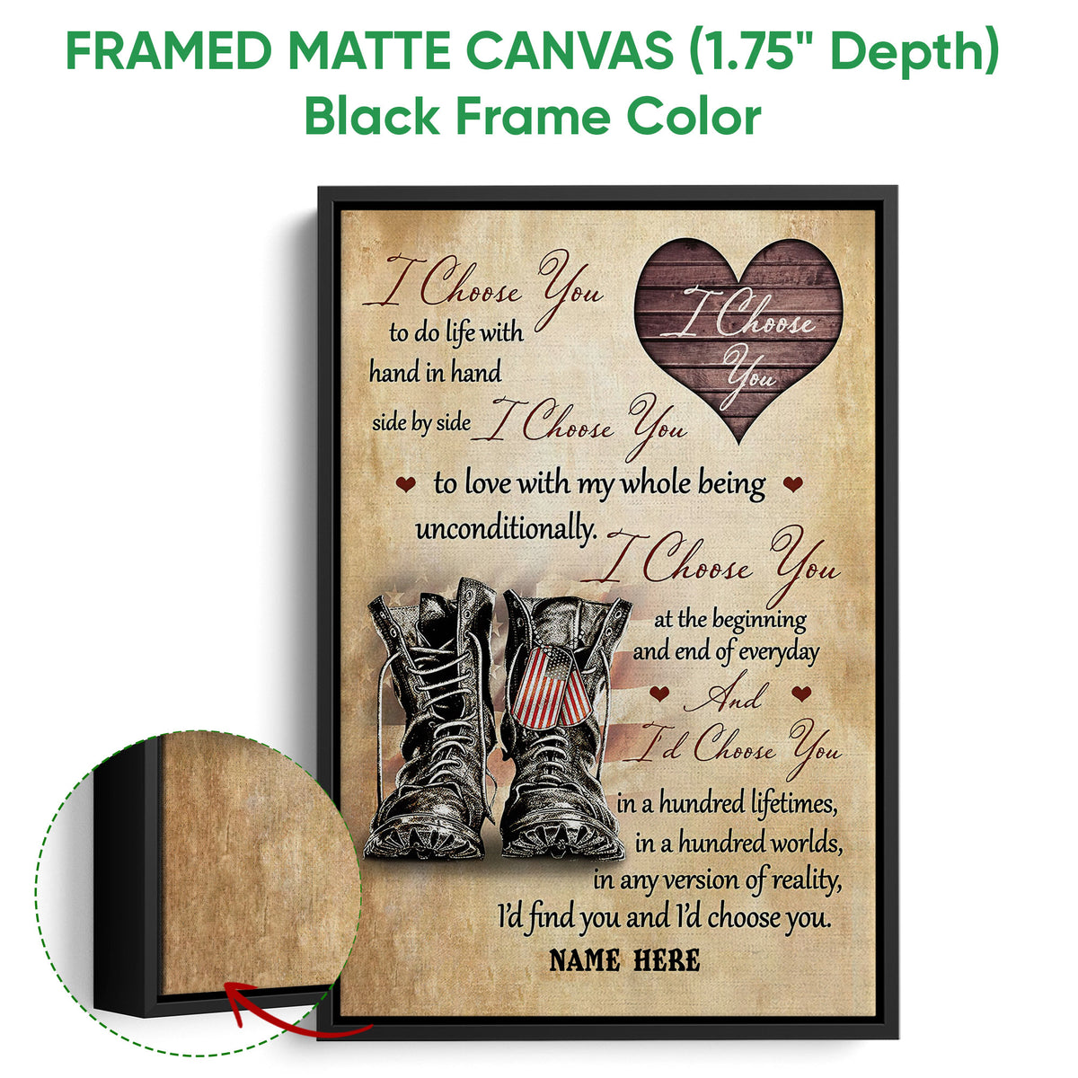Black framed veteran canvas wall art with military-style boots, heart design, and patriotic details