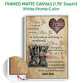 White framed veteran canvas wall art with military-style boots, heart imagery, and romantic patriotic design