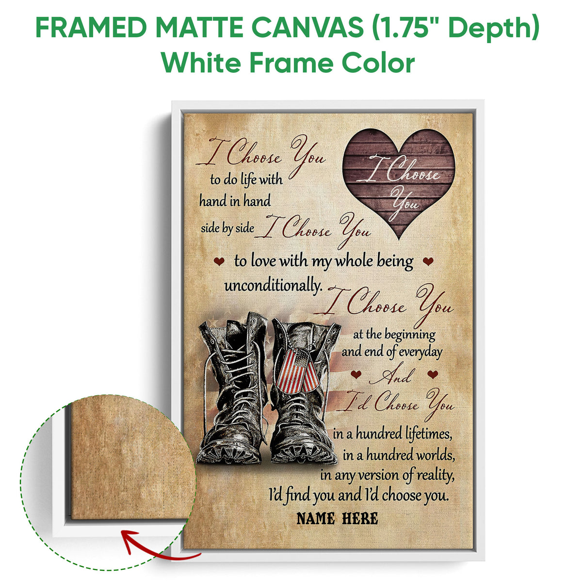 White framed veteran canvas wall art with military-style boots, heart imagery, and romantic patriotic design