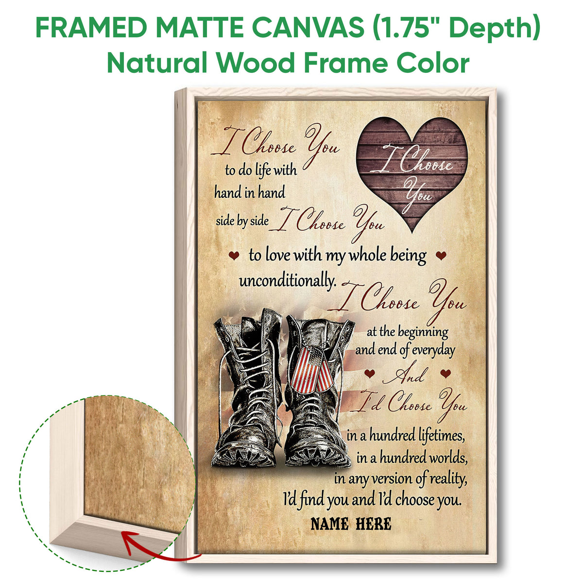 Natural wood framed veteran wall art with military-style boots, wooden heart, and warm rustic tones
