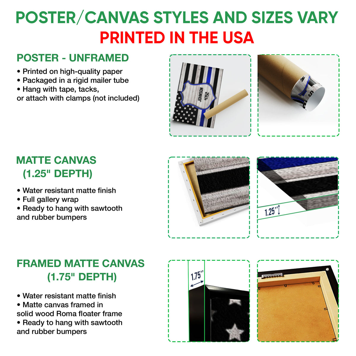 Police wall art format guide showing unframed poster, matte canvas, and framed canvas options