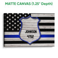 Matte canvas police wall art featuring a blue outlined badge over a black and gray flag