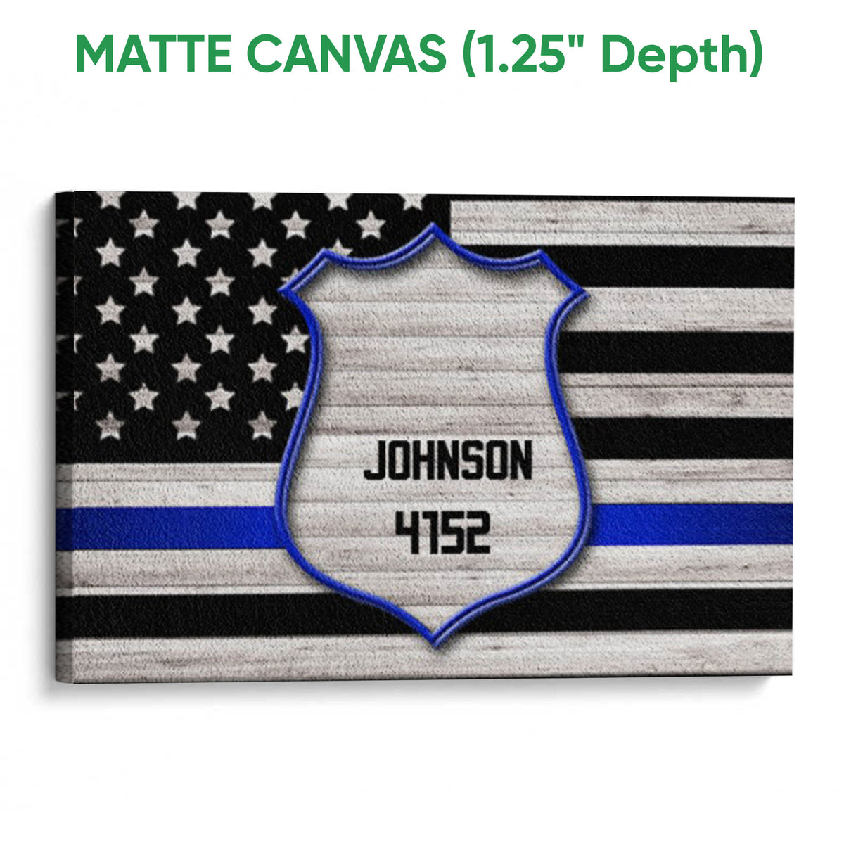 Matte canvas police wall art featuring a blue outlined badge over a black and gray flag