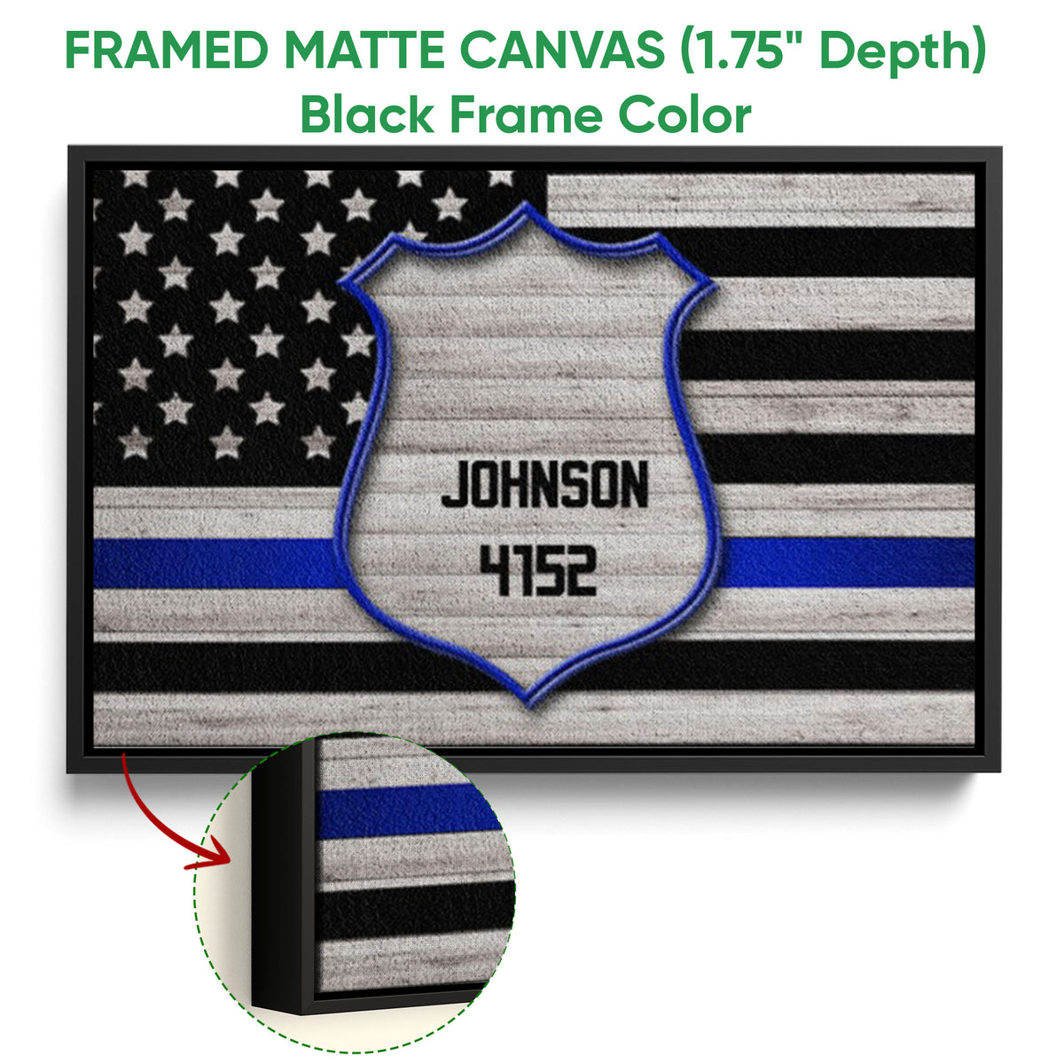 Framed police badge wall art shown with a black frame and close-up frame detail