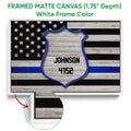 Framed police wall art shown with a white frame and close-up canvas edge detail