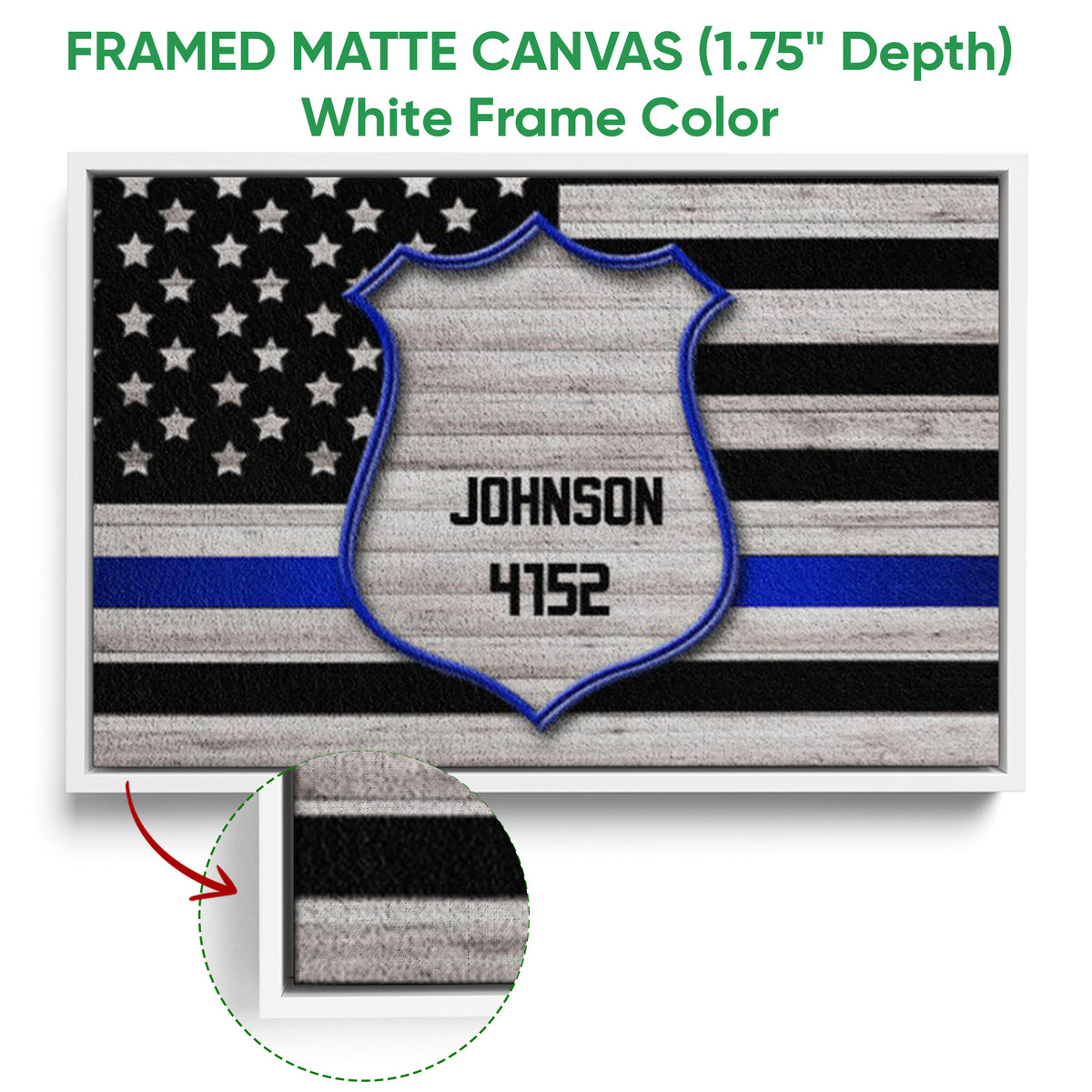 Framed police wall art shown with a white frame and close-up canvas edge detail