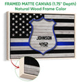Framed police badge wall art shown with a natural wood frame and close-up edge detail