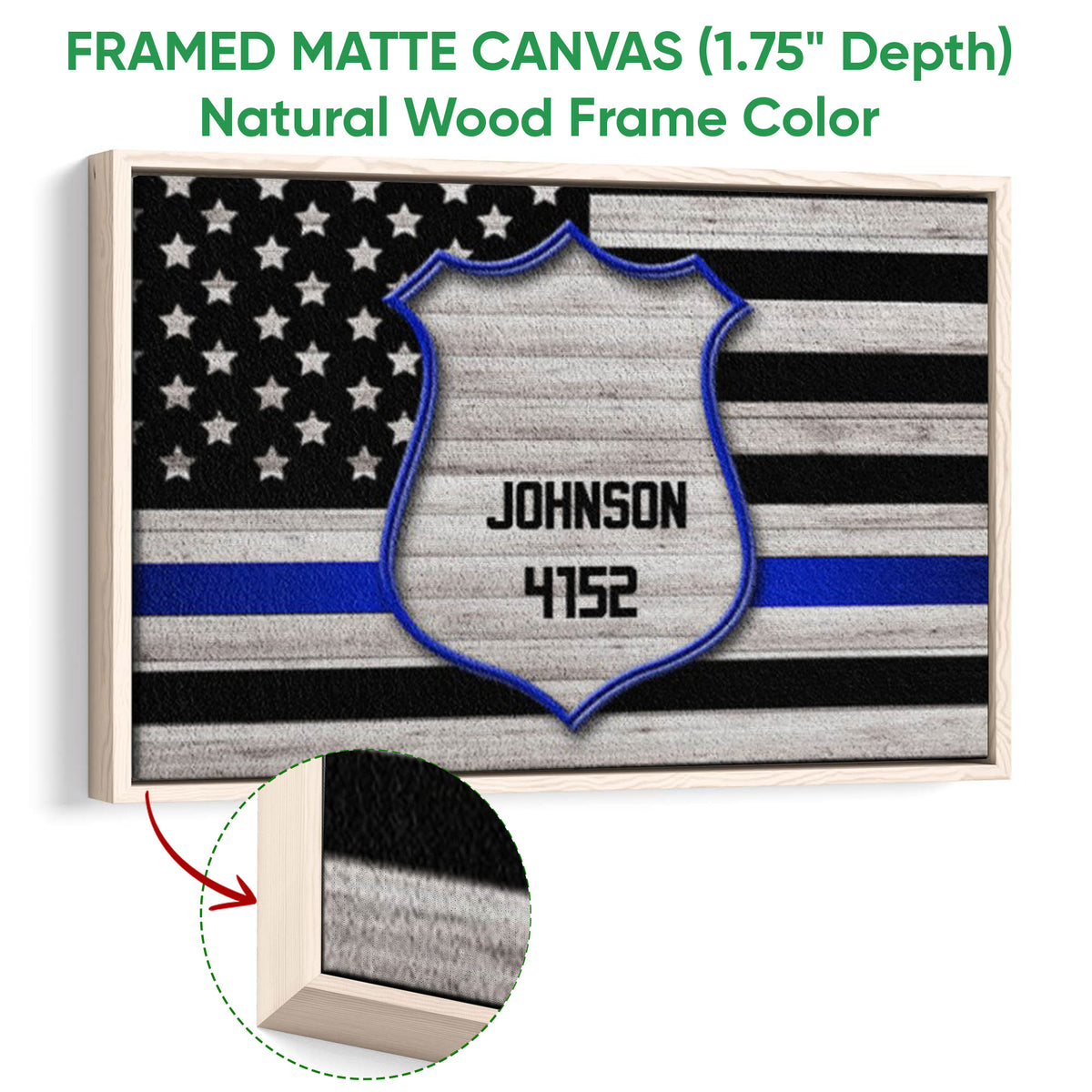Framed police badge wall art shown with a natural wood frame and close-up edge detail