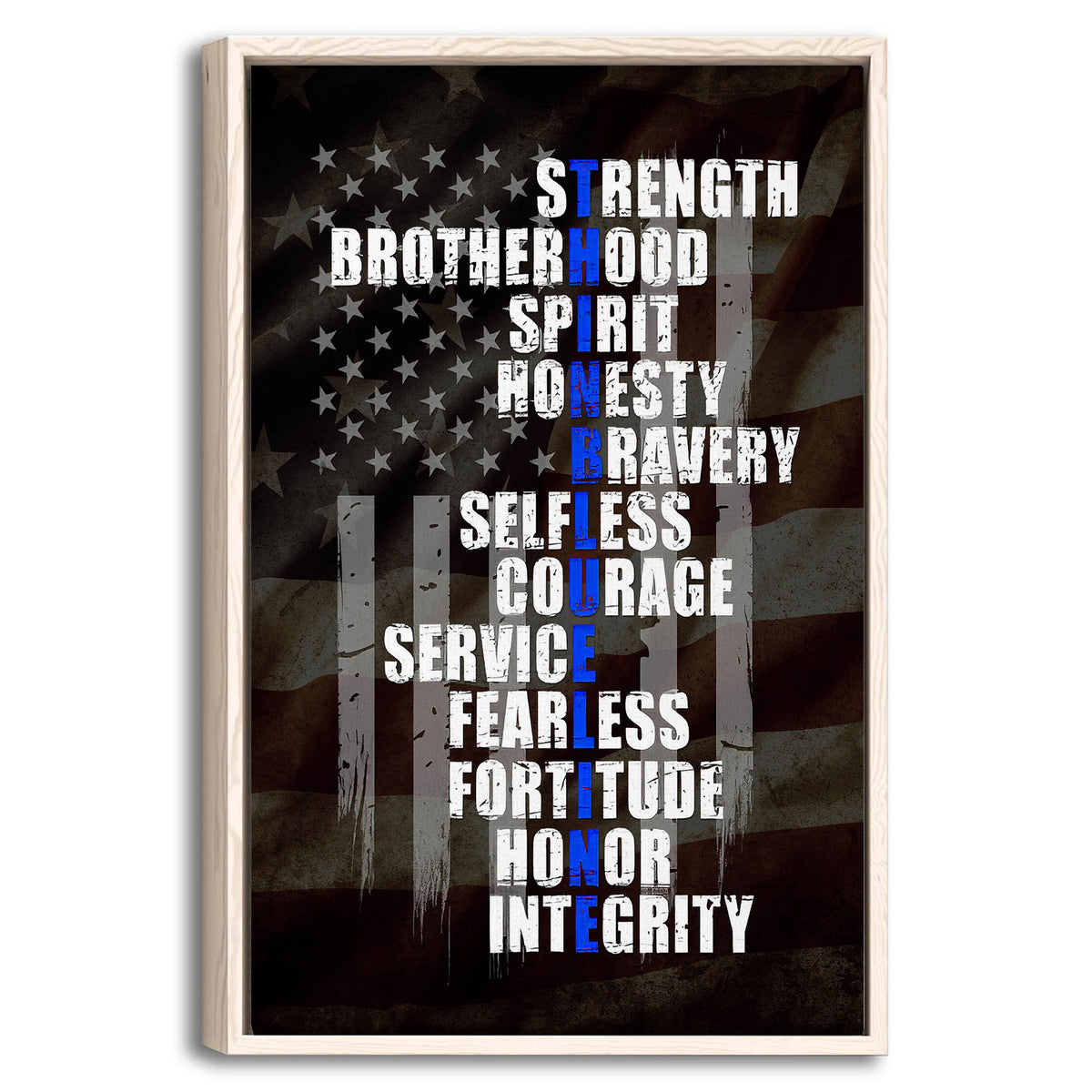 Framed police wall art with a distressed American flag background and bold blue, white, and gray service lettering