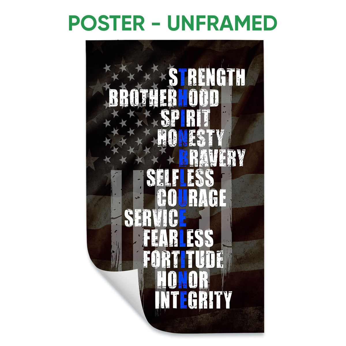 Unframed police poster featuring a distressed American flag design with bold service and honor messaging