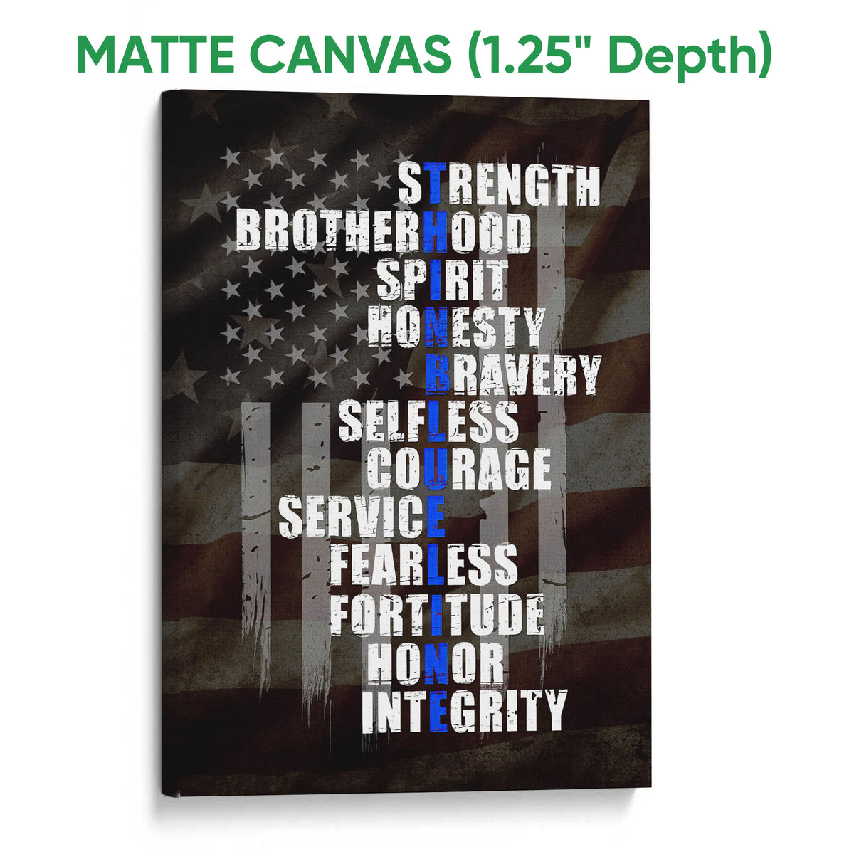 Matte canvas police wall art with a distressed flag background and prominent blue and white lettering