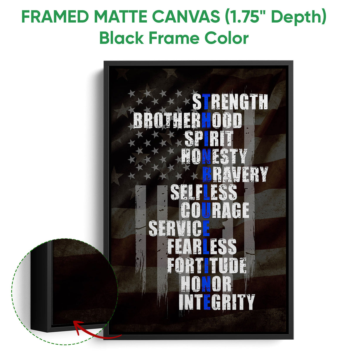 Black framed police canvas wall art featuring a distressed American flag and blue-line-inspired service theme