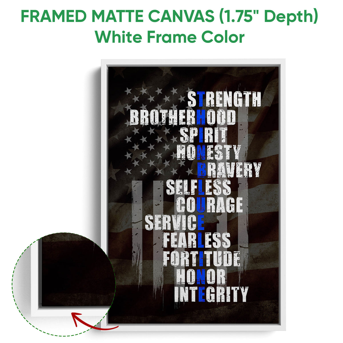 White framed police canvas wall art with a dark American flag background and bold blue and white lettering