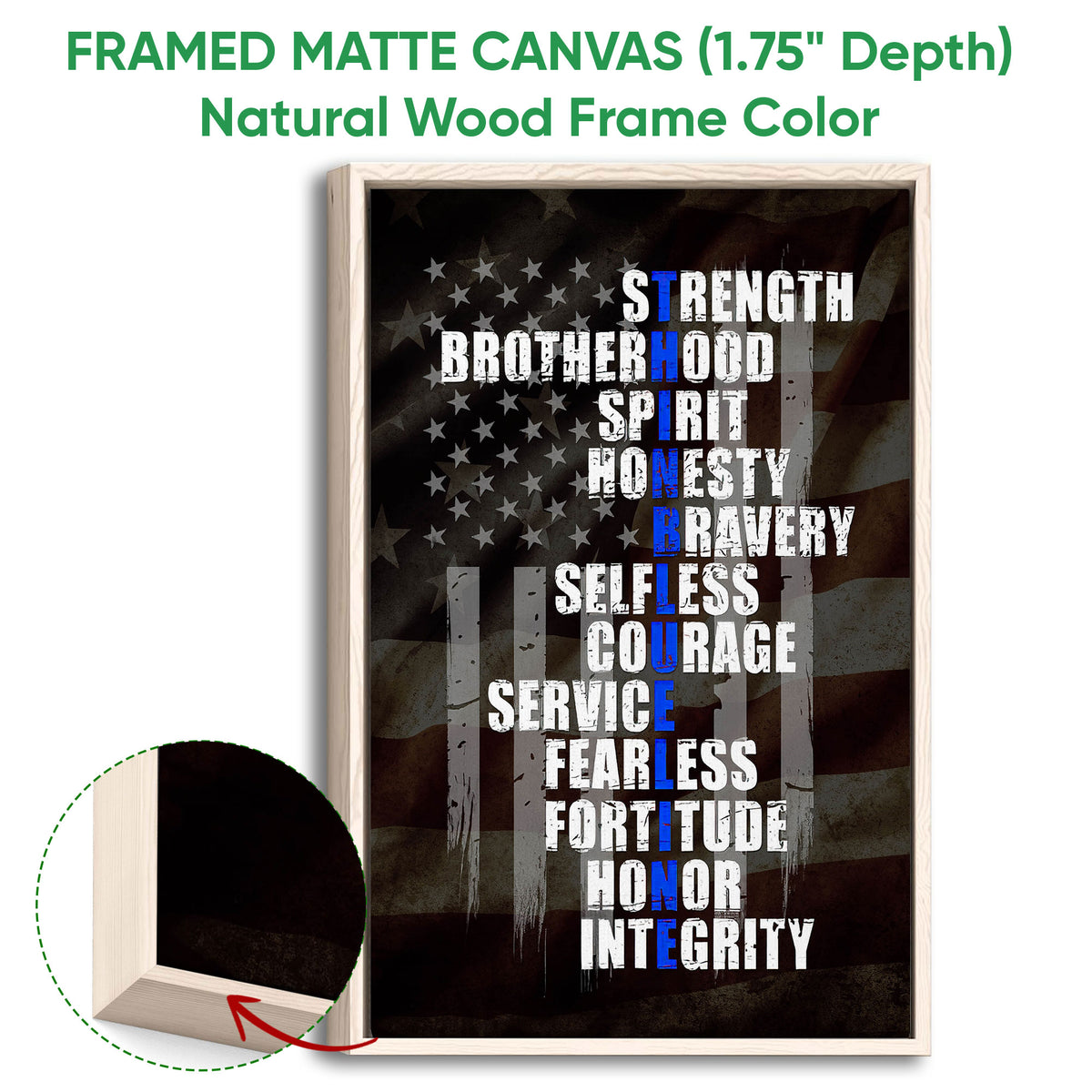 Natural wood framed police wall art featuring a distressed American flag and service-inspired typography