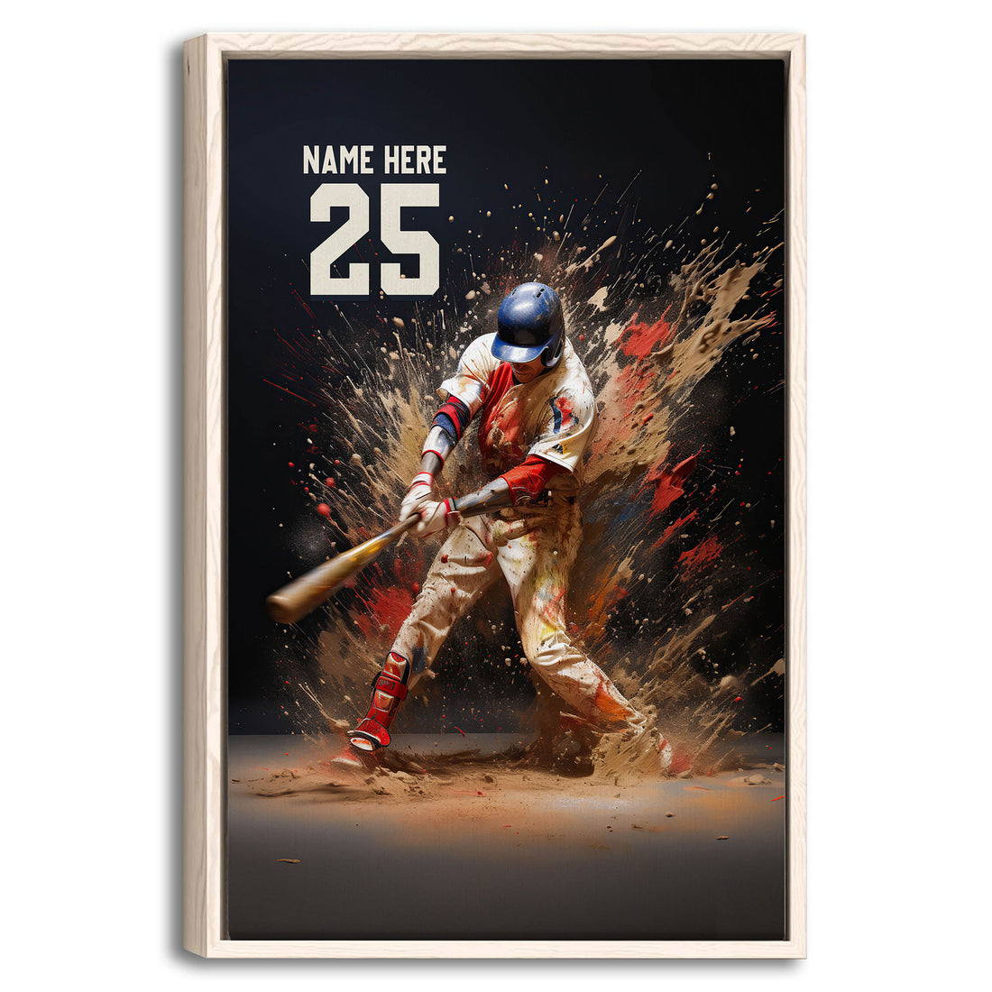 Framed baseball wall art showing a batter swinging through a dramatic red, tan and blue paint-splash scene