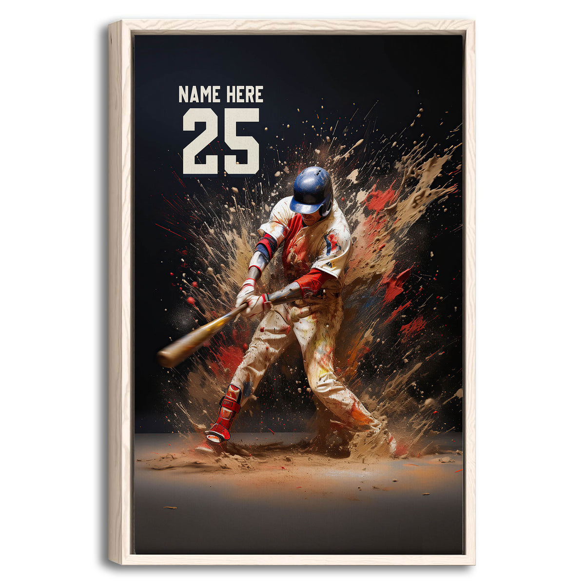 Framed baseball wall art showing a batter swinging through a dramatic red, tan and blue paint-splash scene