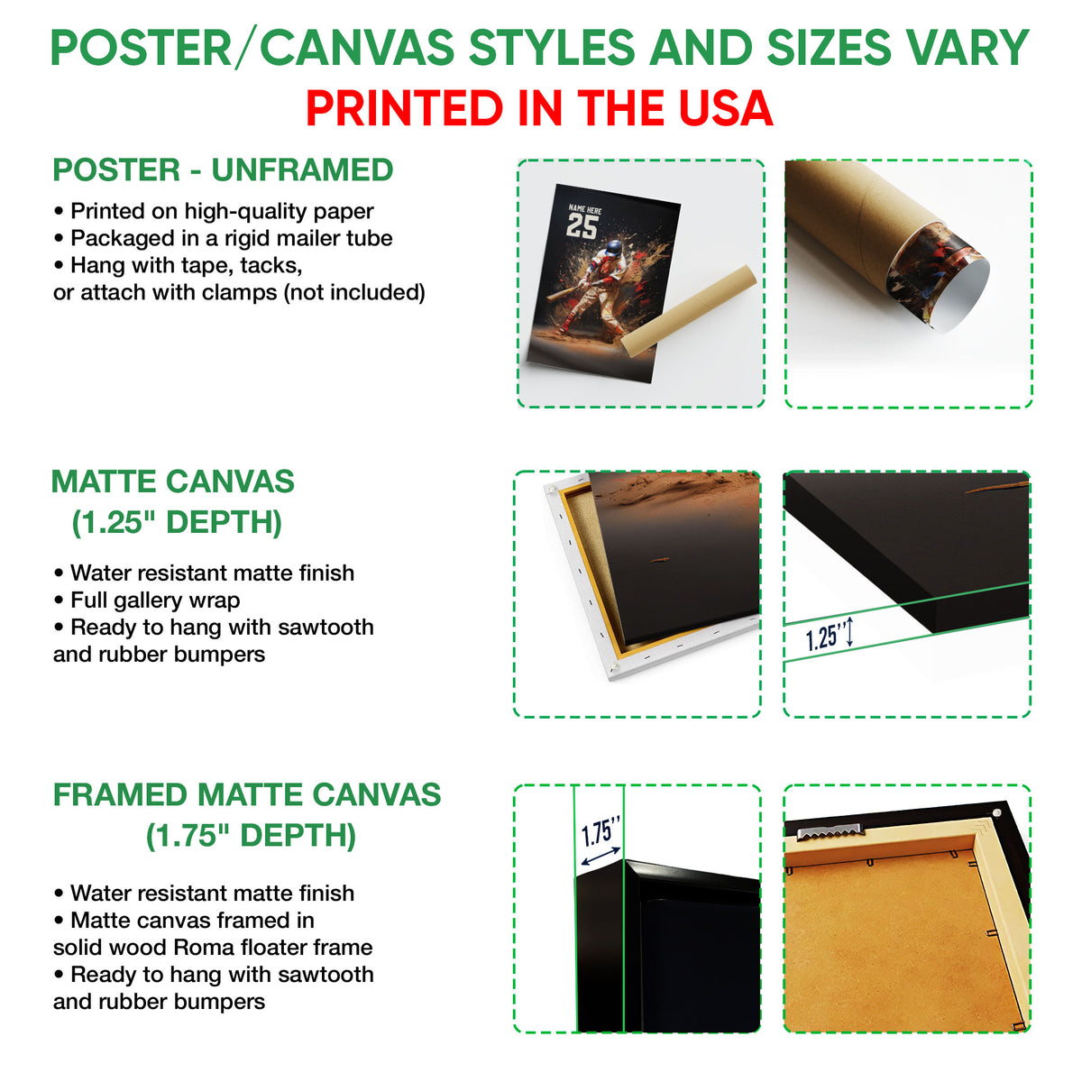 Poster and canvas wall art options guide showing unframed poster, matte canvas and framed canvas formats
