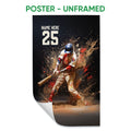 Unframed baseball poster featuring a batter in motion against a bold black, red and tan paint-splash background