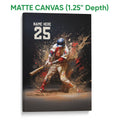 Matte canvas baseball wall art featuring a batter swinging with dynamic paint splashes in red, tan and blue