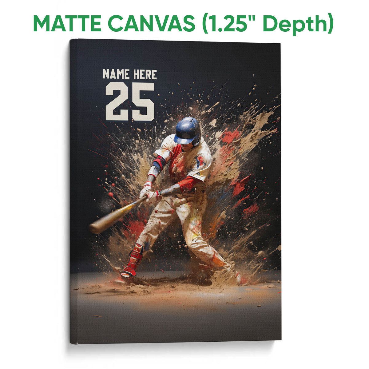 Matte canvas baseball wall art featuring a batter swinging with dynamic paint splashes in red, tan and blue