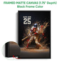 Black framed canvas baseball wall art with a batter, dramatic paint-splash artwork and close-up canvas detail