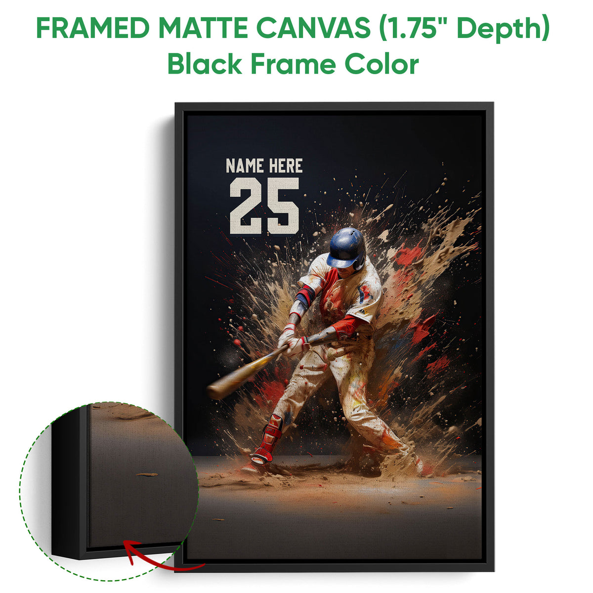 Black framed canvas baseball wall art with a batter, dramatic paint-splash artwork and close-up canvas detail