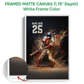 White framed canvas baseball wall art featuring a batter and energetic red, tan and blue paint-splash artwork