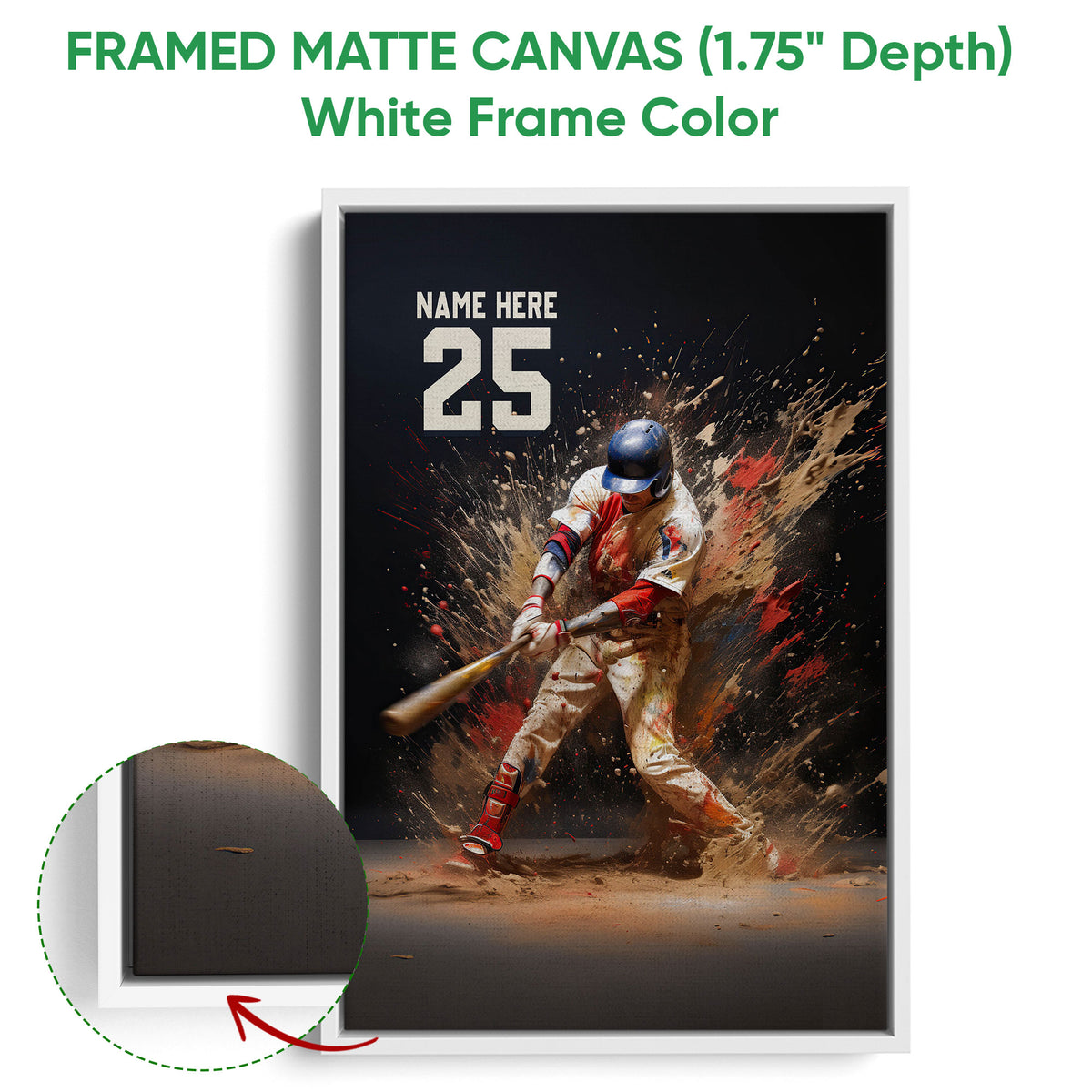 White framed canvas baseball wall art featuring a batter and energetic red, tan and blue paint-splash artwork
