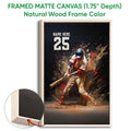 Natural wood framed baseball wall art showing a batter in a dramatic paint-splash scene with dark background