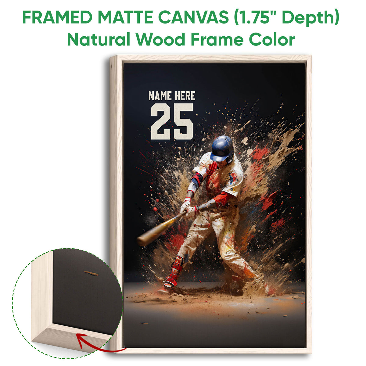 Natural wood framed baseball wall art showing a batter in a dramatic paint-splash scene with dark background