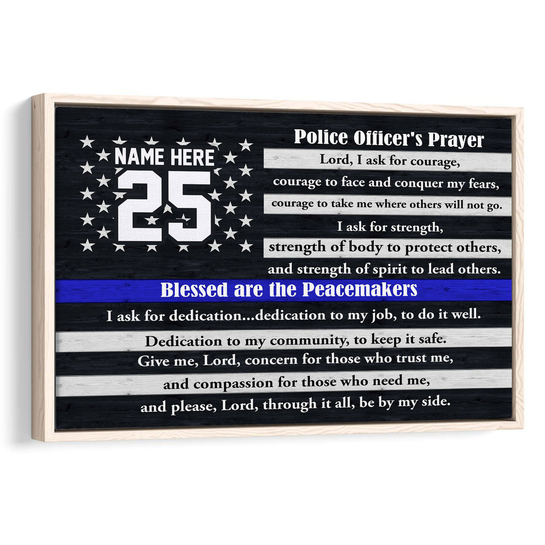 Framed police officer prayer wall art with stars, blue stripe, and black woodgrain design