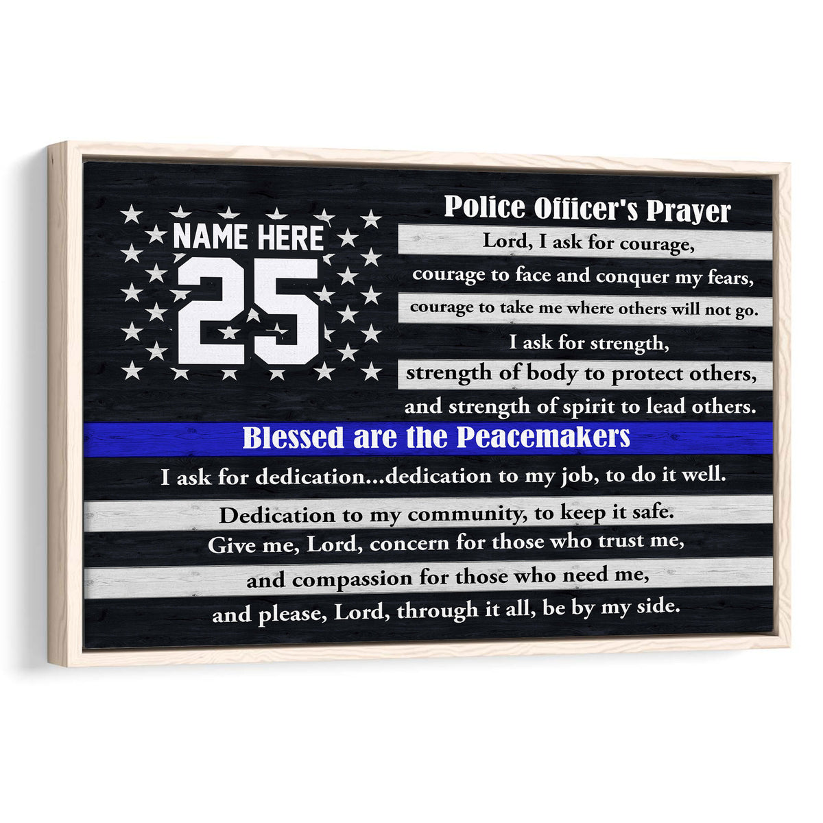 Framed police officer prayer wall art with stars, blue stripe, and black woodgrain design