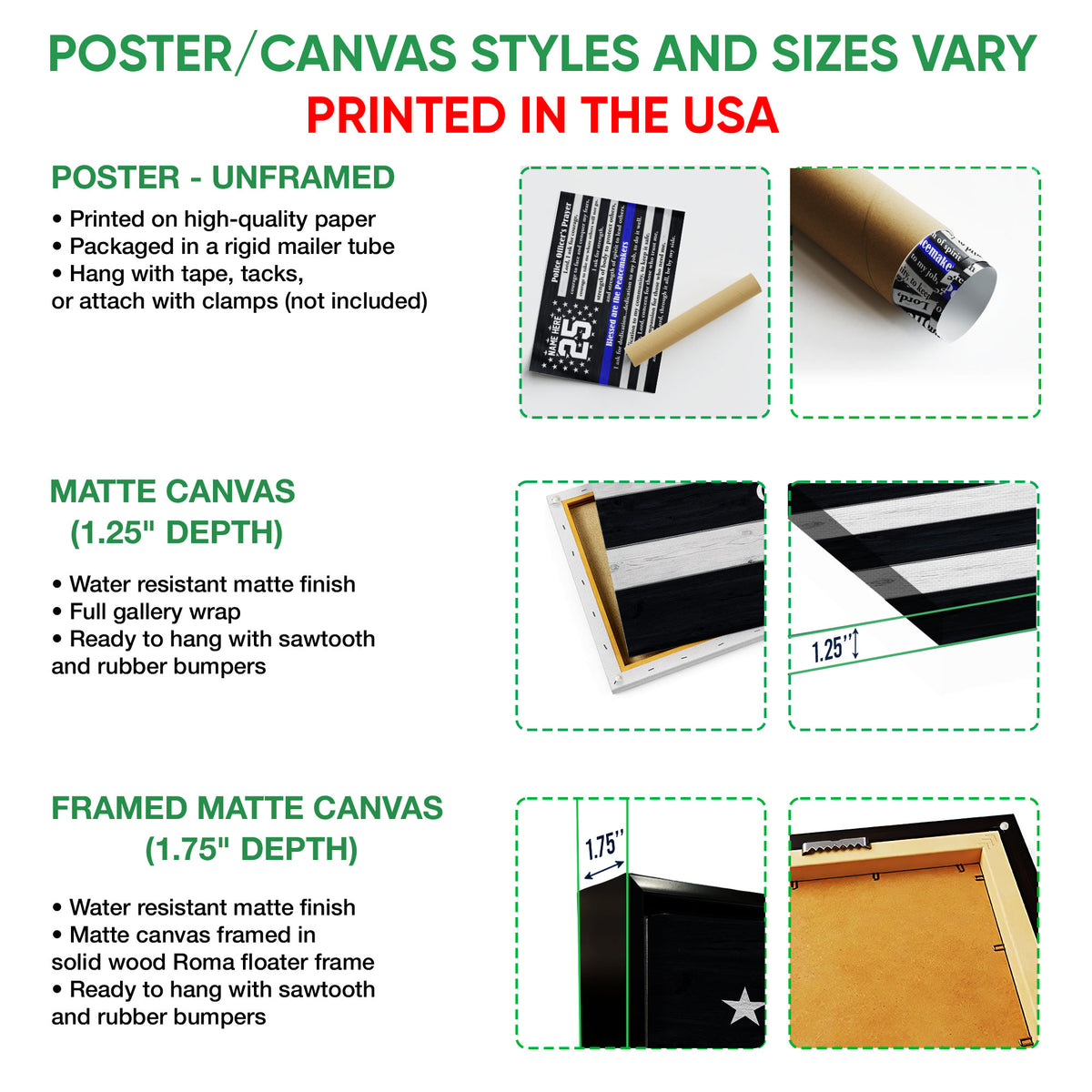 Police wall art format guide showing unframed poster, matte canvas, and framed canvas options