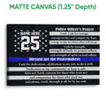 Matte canvas police officer prayer wall art with black woodgrain background and blue stripe