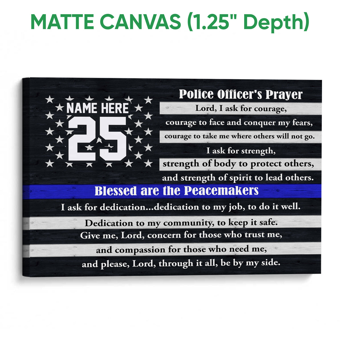 Matte canvas police officer prayer wall art with black woodgrain background and blue stripe