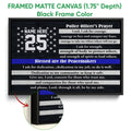 Framed police officer prayer canvas shown with a black frame and close-up frame detail