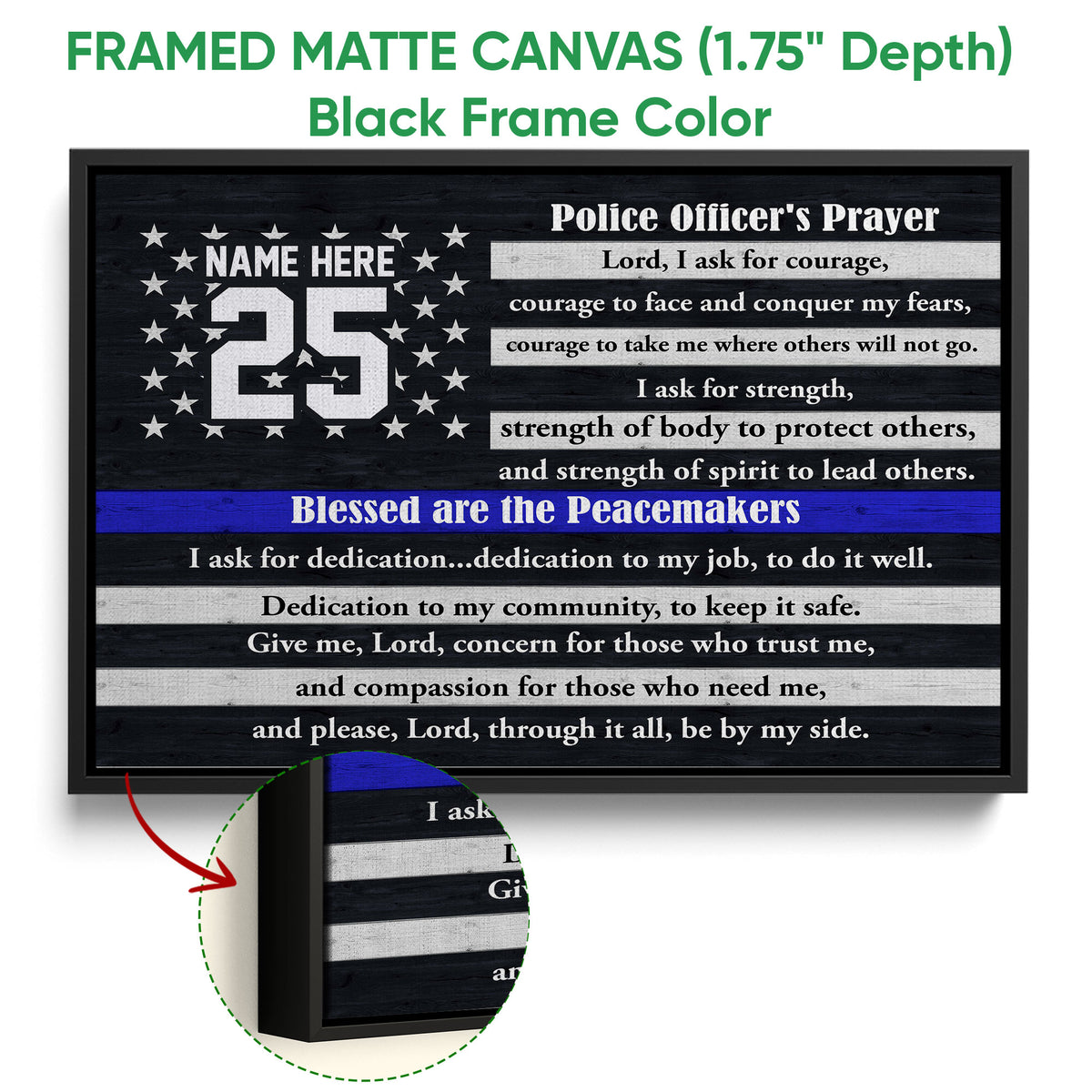 Framed police officer prayer canvas shown with a black frame and close-up frame detail